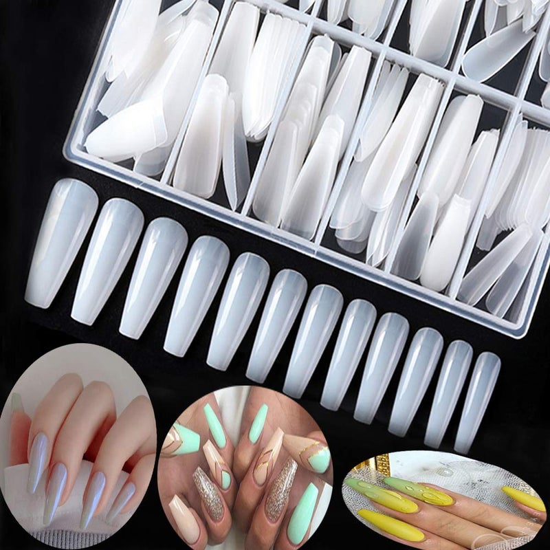 AM RONG MAGIC 600pcs Long Coffin Fake Nails - Full Cover Natural Ballerina False Nail Acrylic Nail Tips with Case, Artificial Nails10 Sizes for Nail Salons and DIY Manicure - Image 1